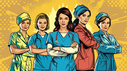 Pop art style female healthcare team.