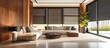 © Lasvu - Large automatic double solar blackout roller blinds and electric sunscreen curtains enhance the modern interior with wood decor panels on walls.