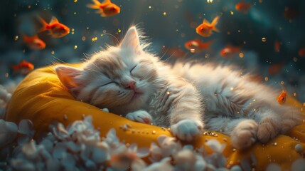 Fat fluffy white happy cat sleeps on yellow moon floating in the air with a big goldfish, pink clouds, red heart shape, small fishes. Sweet dreams. I love you on dark blue magical backdrop