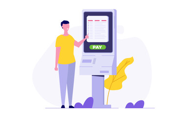 Man using self service terminal, Interactive information kiosk concept. Flat Vector illustration for banner, website, landing page, flyer.