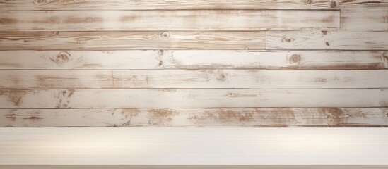 Wall Mural - Empty white wooden table for showcasing products Distressed white wooden surface with store light in background