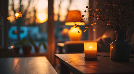 interior of a restaurant with burning candle 