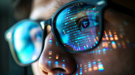 close-up of man wearing eyeglasses with data code reflection, symbolizing digital surveillance and c