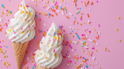 ice cream cones topped with sprinkles on a vibrant pink background