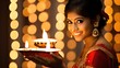 Happy Diwali Celebration Concept - Side View of Indian Young Woman Holding a Plate of Illuminated OIl Lamps (Diya) in Golden and Red Traditional Dress.