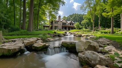 Wall Mural - Tucked away in a wooded enclave this private estate utilizes innovative landscaping techniques and water features to provide a cool and refreshing microclimate perfect for