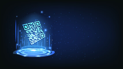 QR code futuristic banner. QR code verification banner. Verification concept for online shopping, shopping special offer promotion and marketing. Web banner template. Hologram illustration. Vector.