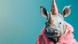 A humorous capture of a rhino sporting a sparkling party hat and soft pink boa on a blue background.