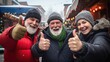 Three cheerful elderly men giving thumbs up on a snowy day