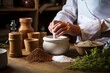 
Photography of a man homeopath preparing a customized remedy in a mortar and pestle