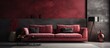 Luxurious interior design with a red burgundy sofa in a contemporary dark room Display wall in black plaster stucco
