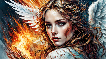 Wall Mural - Beautiful woman angel of death in fire from hell.