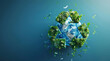 © ChanelBot/Peopleimages - AI - Recycle, sign and nature background or wallpaper for environmental, awareness and sustainability concept. Blue, mockup and symbol on a studio backdrop for Earth Day, eco system and ecology logo