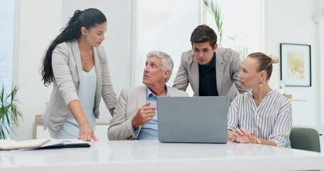 Leinwandbilder - Business people, teamwork and group with a laptop, cooperation and conversation for a project launch. Staff, manager and employees with computer and corporate training with mentor, email and coaching