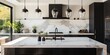 © Lasvu - A modern kitchen with white cabinets, hanging light fixtures over a black island, and a marble countertop and backsplash.