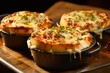 
Food Photo of pizza pot pies, deep-dish and generously layered with gooey mozzarella, zesty marinara, and your favorite toppings, the ultimate comfort food