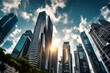 Time lapse - Looking up to business and financial skyscraper buildings in Singapore with moving clouds and sun in the sky at Singapore central financial district