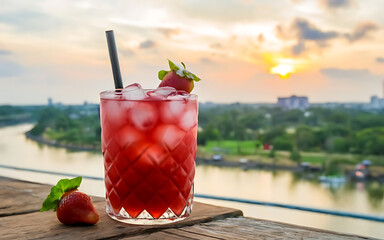 Strawberry caipirinha mixed cocktail drink in riverside vientiane laos outdoor bar at sunset