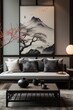 Contemporary Japanese living room design grey sofa