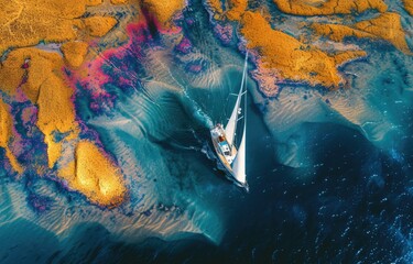 Poster - a beautiful shot from aerial view of big beautiful ocean with small islands with trees and bushes with boats sailing across it in the evening during sunset