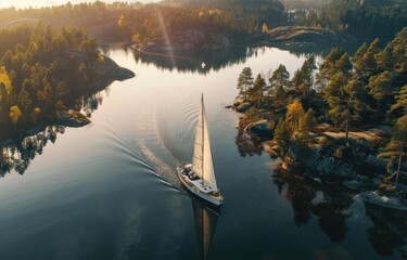 Wall Mural - a beautiful shot from aerial view of big beautiful ocean with small islands with trees and bushes with boats sailing across it in the evening during sunset