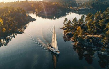 Poster - a beautiful shot from aerial view of big beautiful ocean with small islands with trees and bushes with boats sailing across it in the evening during sunset