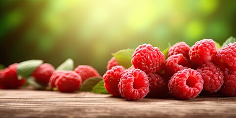 Wall Mural - Fresh ripe raspberries on wooden table with blurred background