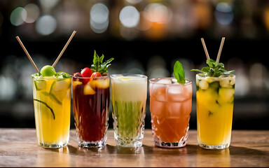 Cocktails on the table different coloured drinks in different glasses on dark wooden table over blurred restaurant background bar concept alcohol drinks