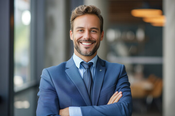 Portrait of a smiling handsome businessman, professional and confident looking man in suit at office, Successful matured businessman looking at camera, positive looking office manager wearing a jacket