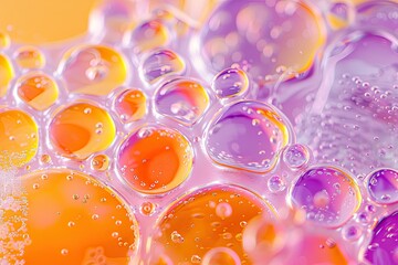 Wall Mural - close up of colorful liquid and foam bubbles under an orange and purple water during sunshine with big and small water molecules 