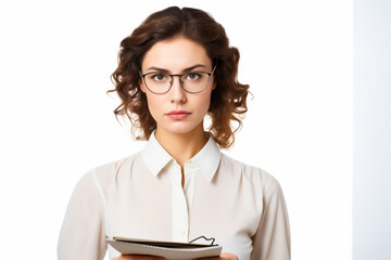 Sticker - Woman in glasses holding tablet computer in her hands.