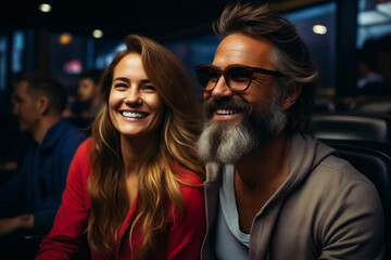 Wall Mural - Man and woman smiling at the camera with man with beard.