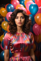 Poster - Woman standing in front of bunch of balloons.