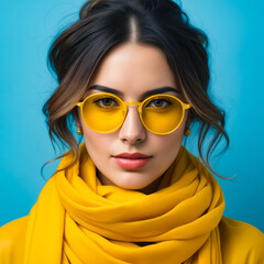 Poster - A woman wearing yellow glasses and a yellow scarf. She has a nice smile and is looking at the camera