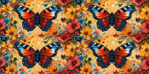 Wall Mural - seamless pattern with butterfly and flowers on orange background for fabric and tablecloth decor