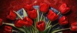 Red tulips in a vase on a mosaic covered table