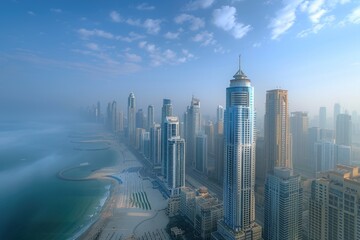 Poster - top and aerial view of tall and modern buildings made on an island with clear view of a beautiful ocean during sunset with cloudy sky and natural background