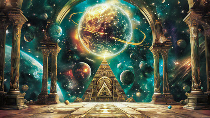 Wall Mural - A pyramid of wisdom, surrounded by planets. Eternal temple of wisdom, esoteric, hermetic and cabal fantasy concept.