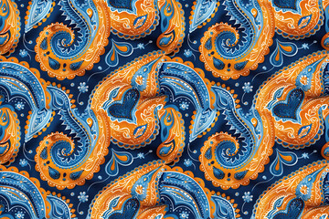 Wall Mural - seamless pattern with traditional oriental indian paisley ornament on blue orange background