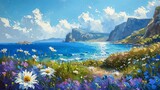 Fototapeta Most - Seaside Cliff and Wildflower Landscape Painting