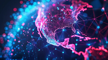 Wall Mural - North America telecommunication and data transfer networks with global internet connectivity for communication technology. Includes internet of thing, finance, business, blockchain, and security.	