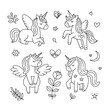 Cute unicorn clipart. Hand drawn unicorns on white background. Doodle unicorns vector illustrations