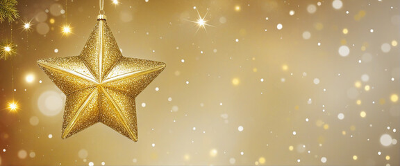 Wall Mural - Sparkling Golden Christmas Star - Ornament Decoration Defocused Bokeh Background