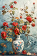 Illustration of flowers and vase on an old, faded color backdrop.
