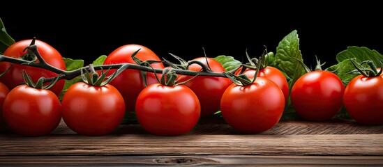 Aufkleber - Fresh Organic Tomatoes and Fragrant Basil Leaves Arranged on Rustic Wooden Table