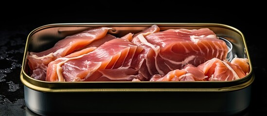 Leinwandbilder - Fresh Raw Meat Selection in Rustic Tin Container, Ideal Ingredients for Gourmet Meal Prep