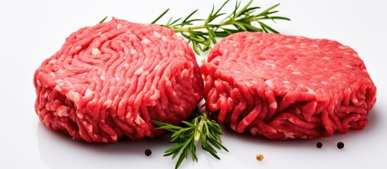 Leinwandbilder - Two Fresh Uncooked Beef Burger Patties on a Clean White Plate Ready for Grilling