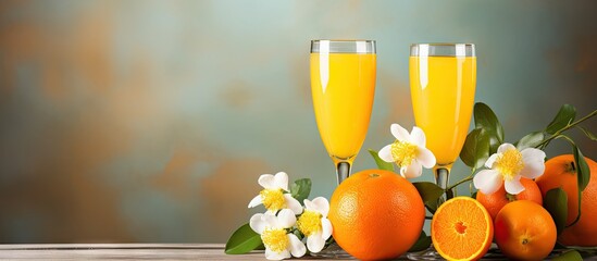 Aufkleber - Vibrant Glasses of Fresh Orange Juice with Citrus Fruits and Floral Accents