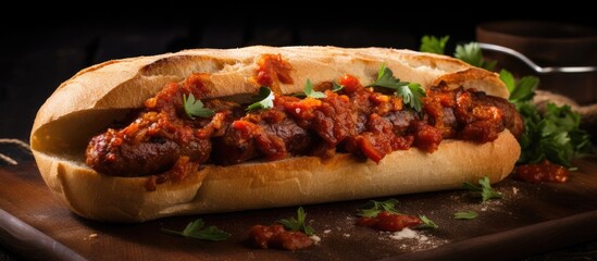 Poster - Sumptuous Hot Dog Loaded with Fresh Meat, Succulent Vegetables, and Zesty Condiments on Wooden Cutting Board