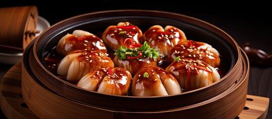 Fototapete - Savoring a Delicious Meal: Bowl of Savory Food Featuring Succulent Meat and Flavorful Sauce